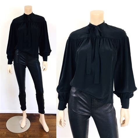 Vintage S PUSSY BOW Black Pleated BALLOON Sleeve Silk Etsy