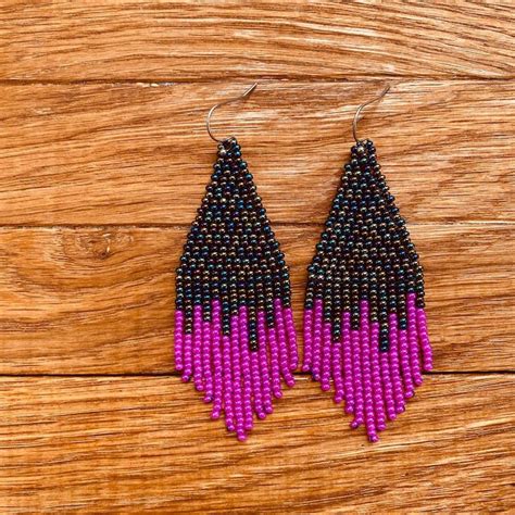 Bohemian Pink Navy Seed Bead Earrings Long Dangle Fringed Earrings