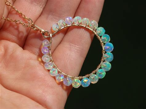 Solid Gold 14k Ethiopian Opal Gemstone Hoop Pendant Valltasy