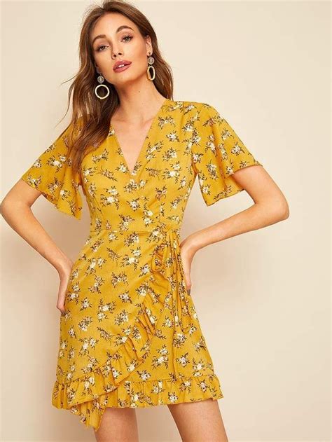 Ditsy Floral Ruffle Hem Knot Wrap Dress Wrap Dress Hem Knotted