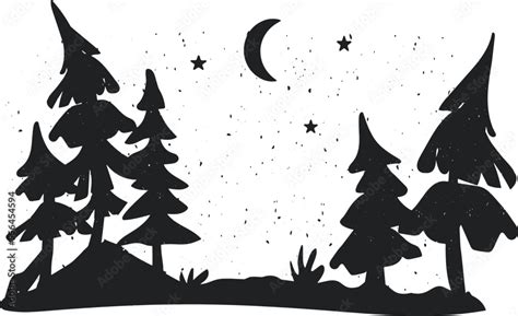 night forest vector silhouette. cartoon forest, stars, moon vector ...