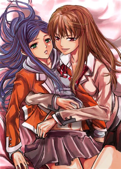 Safebooru 2girls Blue Hair Brown Hair Fujino Shizuru Green Eyes Hug