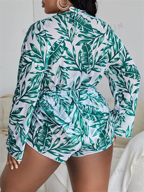 Shein Swim Vcay Plus Tropical Print Tankini Set Triangle Bikini Bra High Waisted Bottom