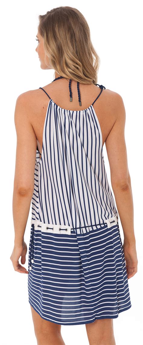 Gestreiftes Strandkleid blau weiß Eyelet Tunic Navy Geometric Bikini BRASIL Shop