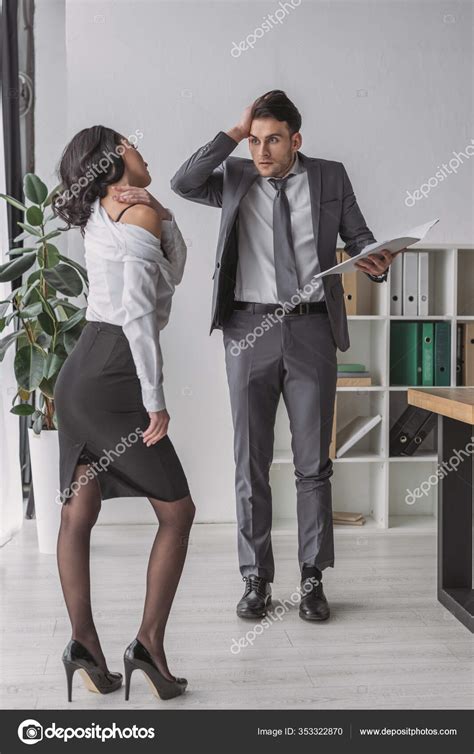 Seductive Secretary Touching Her Naked Shoulder Shocked Businessman Stock Photo VitalikRadko