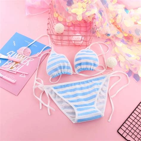 Lencer A Sexy Japonesa Lolita Kawaii Para Mujer Mini Bikini A Rayas Blancas Y Azules Sujetador