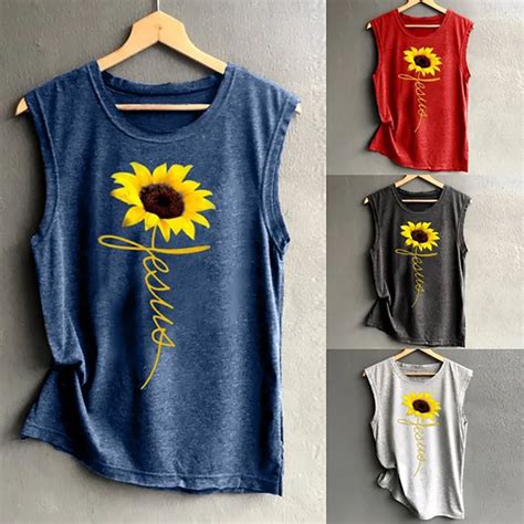 ISHOWTIENDA Blouse Women Sunflower Print Casual Loose Tops Sleeveless O