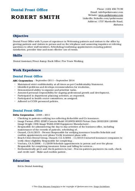 Dental Front Office Resume Samples Qwikresume