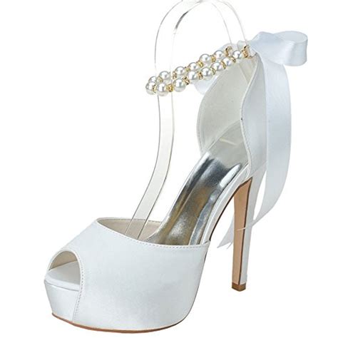 Peep Toe Satin Pearls Ankle Strap Ribbon Bow High Heel Wedding Shoes