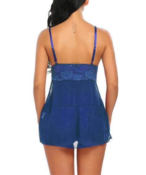 Women Nightwear Lace Babydoll Strap Chemise Sexy Open Front Lingerie Blue Cx Ld Kw