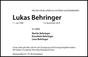 Traueranzeigen Von Lukas Behringer Trauer Nn De