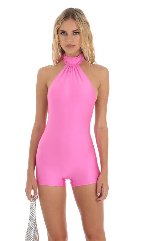 Hestia Halter Open Back Romper In Hot Pink LUCY IN THE SKY