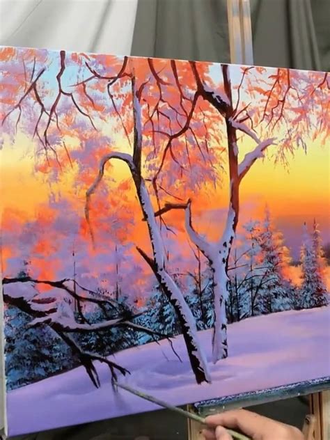 Snowy day oil painting snow acrylic painting snow tree forest oil ...