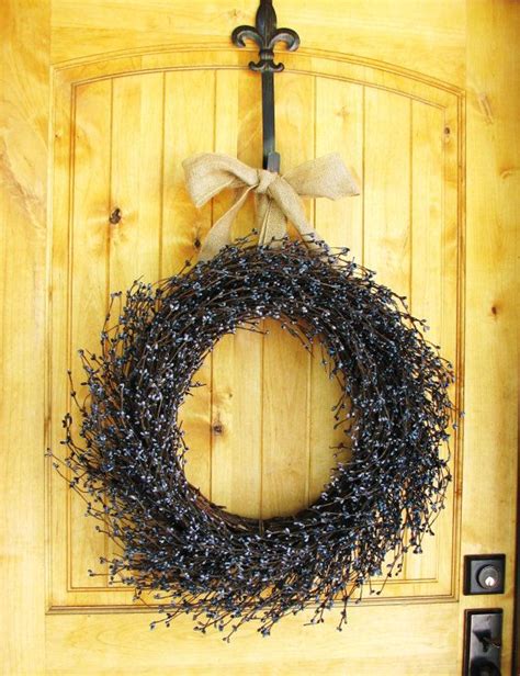 Primitive Country Blue Burlap Wreath Fall Door Wreath Large Grapevine