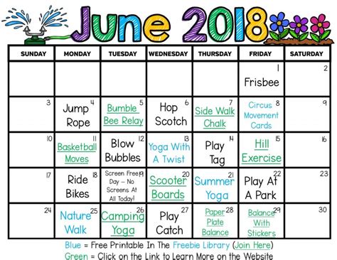 Summer Gross Motor Planning Printable Summer Activity Calendars