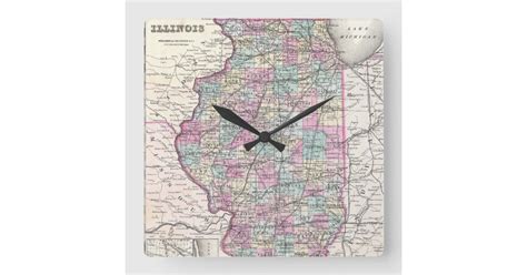 Vintage Map Of Illinois 1855 Square Wall Clock Zazzle