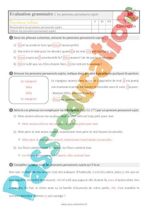 Les pronoms personnels sujets Ce2 Étude de la langue Evaluation