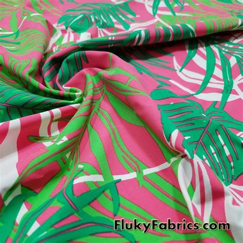 Tropical Leaves Print On Hot Pink Swimsuit Nylon Spandex Fabric Flukyfabrics