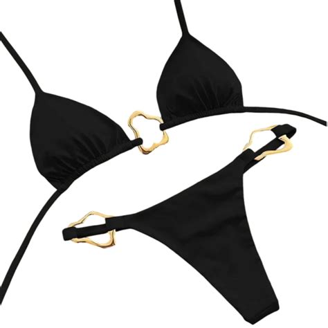 Bikini de damă din două piese cu catarame metalice aurii Top triunghi și chiloți decupați Costum