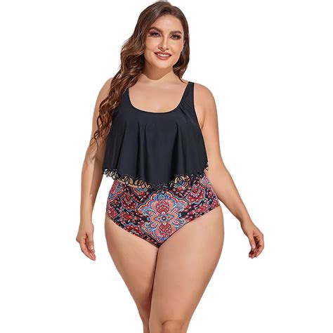Fashion Ruffle Print Women Two Piece Swimsuit Plus Size Swimwear Beach Wear Sexy Bikini Plus