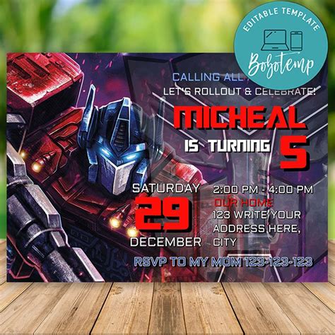 Editable Transformers Optimus Prime Birthday Invitations Diy Bobotemp