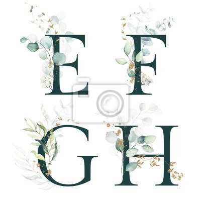 Gold Green Floral Alphabet Set Letters A B C D With Green