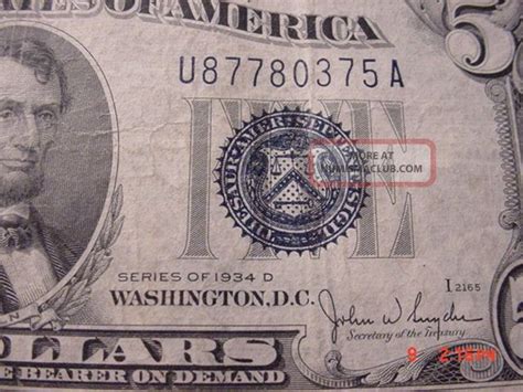 1934 D Series 5 Dollar Bill Silver Certificate Note. Money Offset Cut