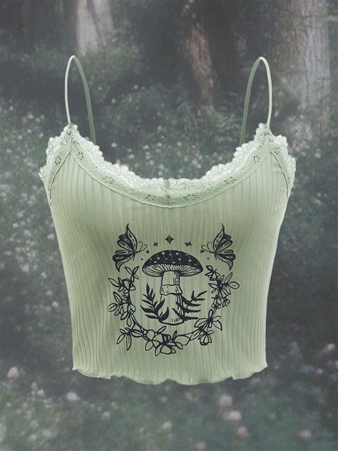 ROMWE Fairy Grunge Mushroom Print Lace Trim Cami Top