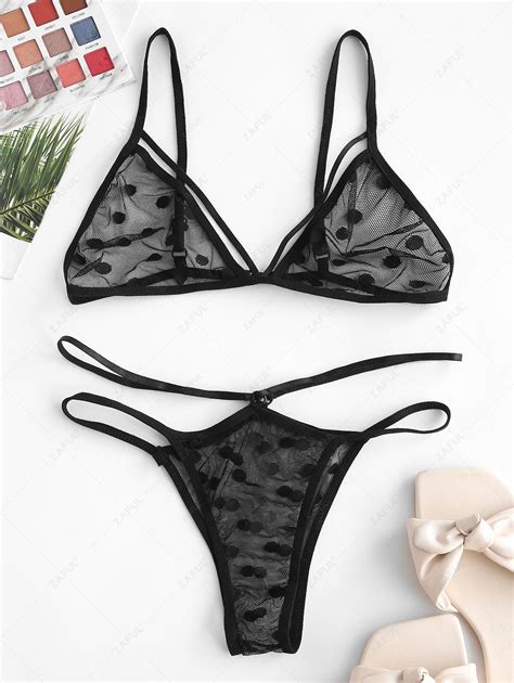 Polka Dot Mesh Lingerie Set In Black Zaful