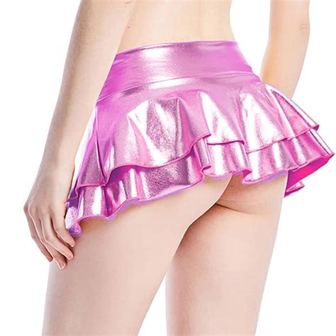 Ovbmpzd Womens Sexy Pleated Mini Skirts Shiny Flared Stage Wear A Line Mini Skirt Pink L