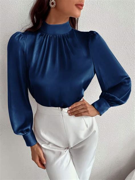 Shein Bizwear Satin Mock Neck Puff Sleeve Blouse Workwear Shein Usa