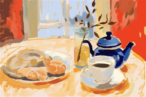Coffee On Table Art Painting Drawing Premium Ai Generated Image