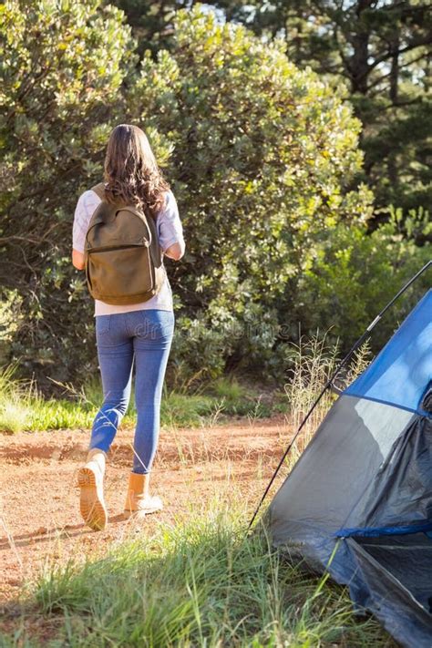 Brunette Camper Walking Away From Tent Stock Photo Image Of Adventurer Camper 58193232