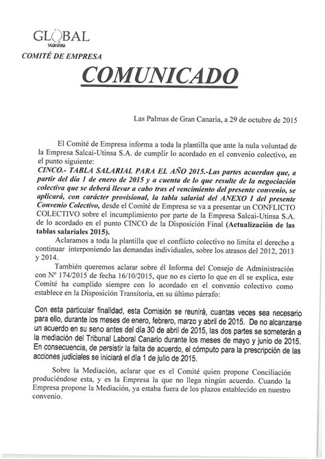 Comité de Empresa Global Salcai Utinsa Comunicado del Comité de