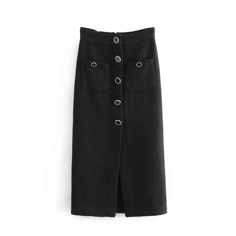 Новинка, прямая Черная Женская юбка ZA, модная, с карманами, с разрезом ...