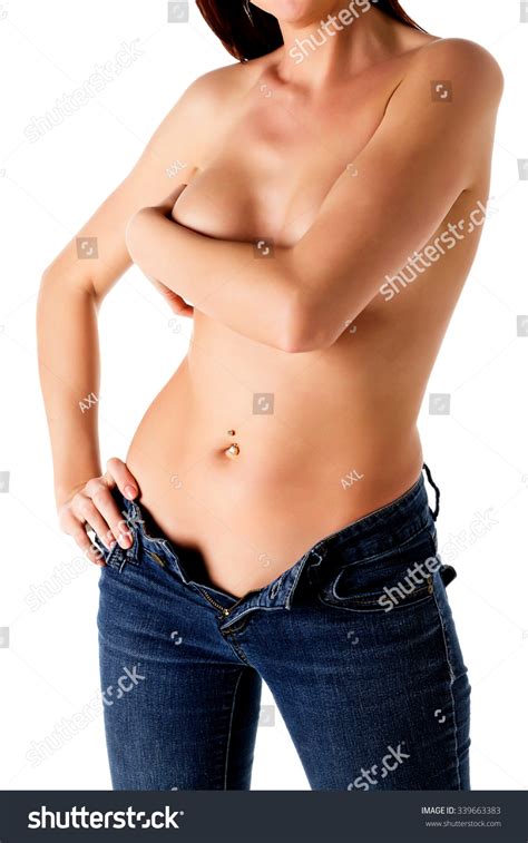 Naked Woman Blue Jeans White Background Stock Photo Shutterstock