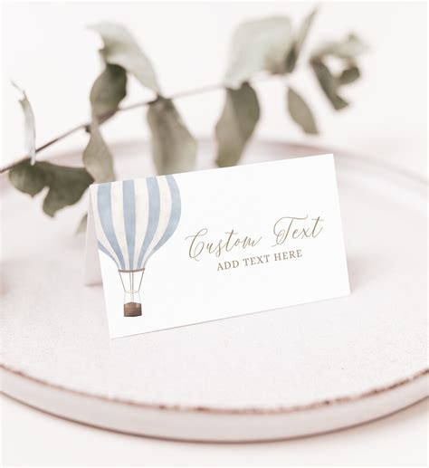 Editable Blue Hot Air Balloon Baby Shower Place Card Template Printable Travel Baby Shower Tent