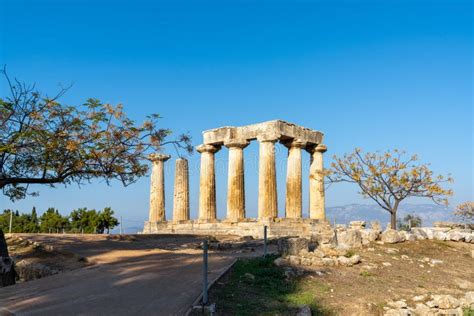 View of the Temple of Apollo in Ancient Corinth in Southern Greece ...