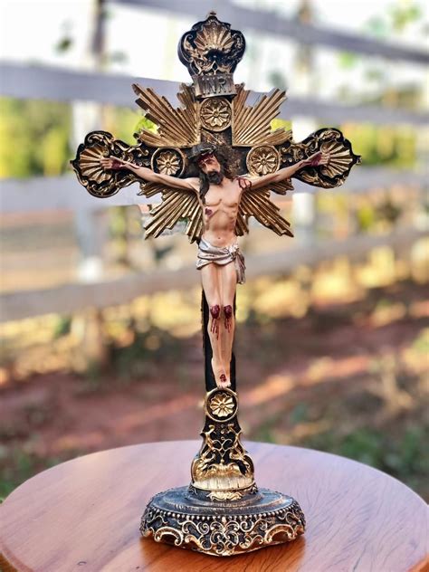 Crucifixo De Mesa Em Resina Emp Rio V Ol Via Artesanato Pedras