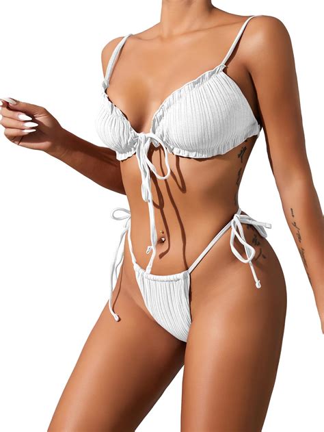 Snapklik Sexy Ribbed Ruffle G String Tie Triangle Thong Bikini Swimsuit Set Women High Cut