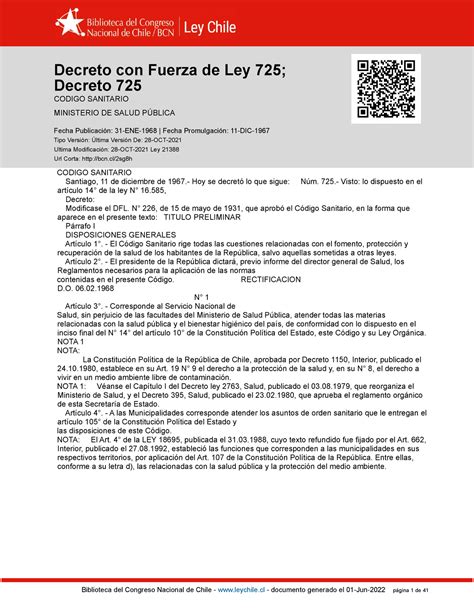 Decreto Con Fuerza Ley 725 Decreto 725 RLA CODIGO SANITARIO Santiago