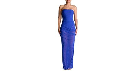 Naked Wardrobe Strapless Shirred Sheer Mesh Body Con Dress In Blue Lyst