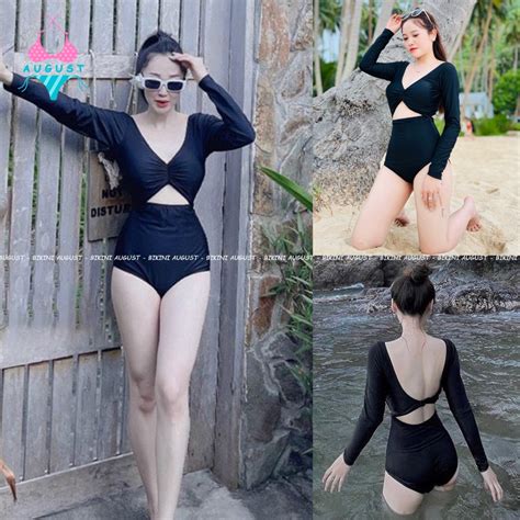 Đồ bơi nữ bikini liền thân dài tay màu đen cổ v khoét eo hở lưng sexy