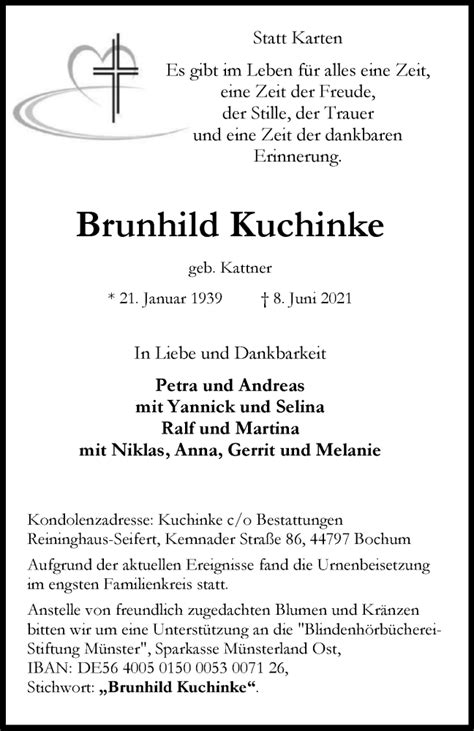 Traueranzeigen Von Brunhild Kuchinke Trauer In Nrw De