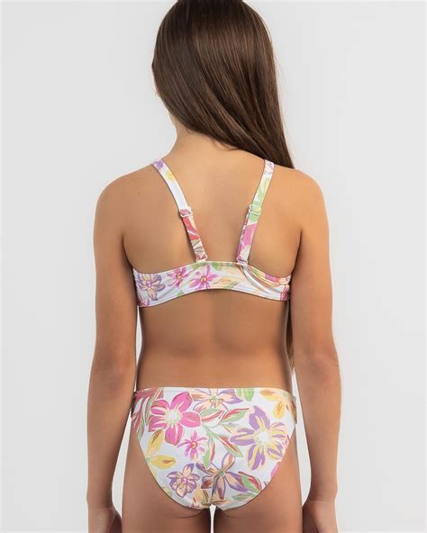 Shop Roxy Girls Tropical Time Crop Bikini Set In Bright White Bayside Blooms Fast Shipping