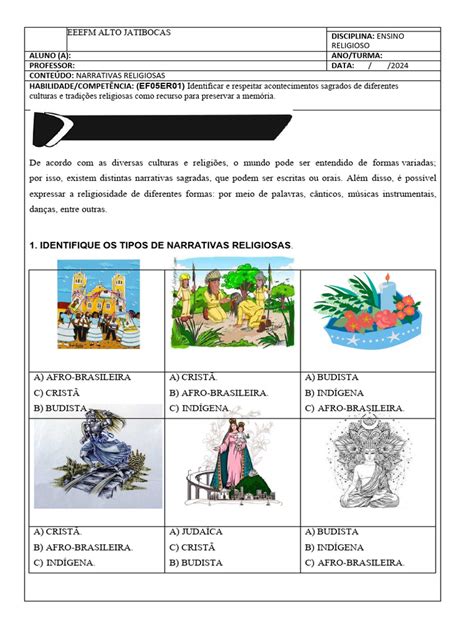 Narrativas Religiosas 5o Ano Atividades - Mitos e Narrativas Religiosas 5º Ano | PDF | Religião e Espiritualidade