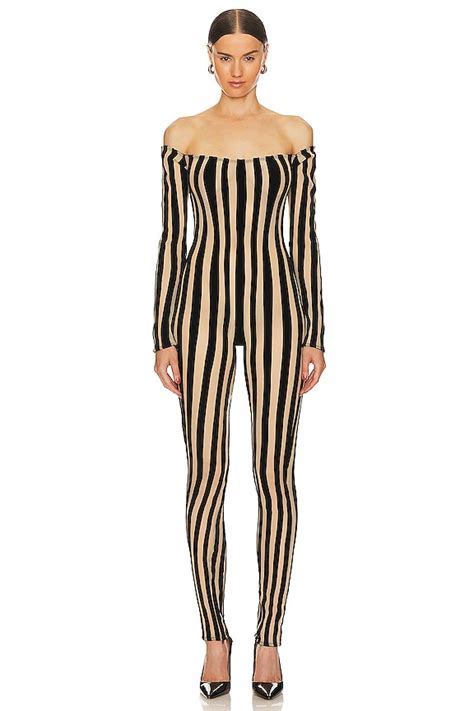 Laquan Smith Off Shoulder Catsuit With Zipper Detail In Nude Black Revolve
