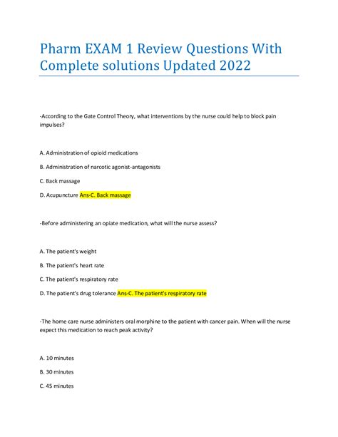 Pharm Exam Review Questions With Complete Solutions Updated