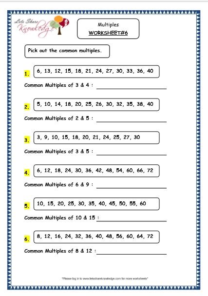 Multiples Worksheet 4th Grade Free