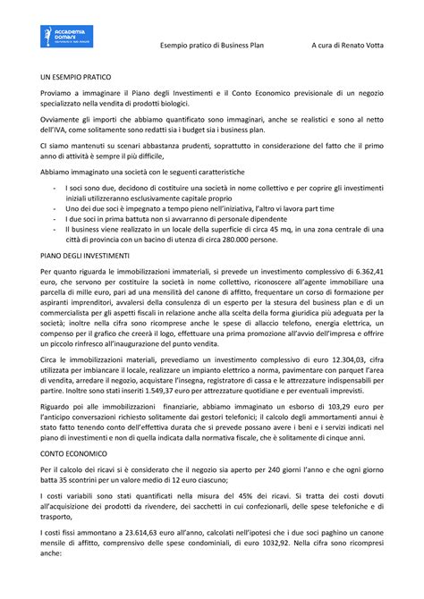 Un Esempio Pratico Di Business Plan Esempio Pratico Di Business Plan A Cura Di Renato Votta Un